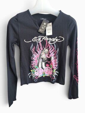 Ed Hardy NWT Panther Roses Thermal Top M Black Y2K Mall Goth Tattoo Graphic